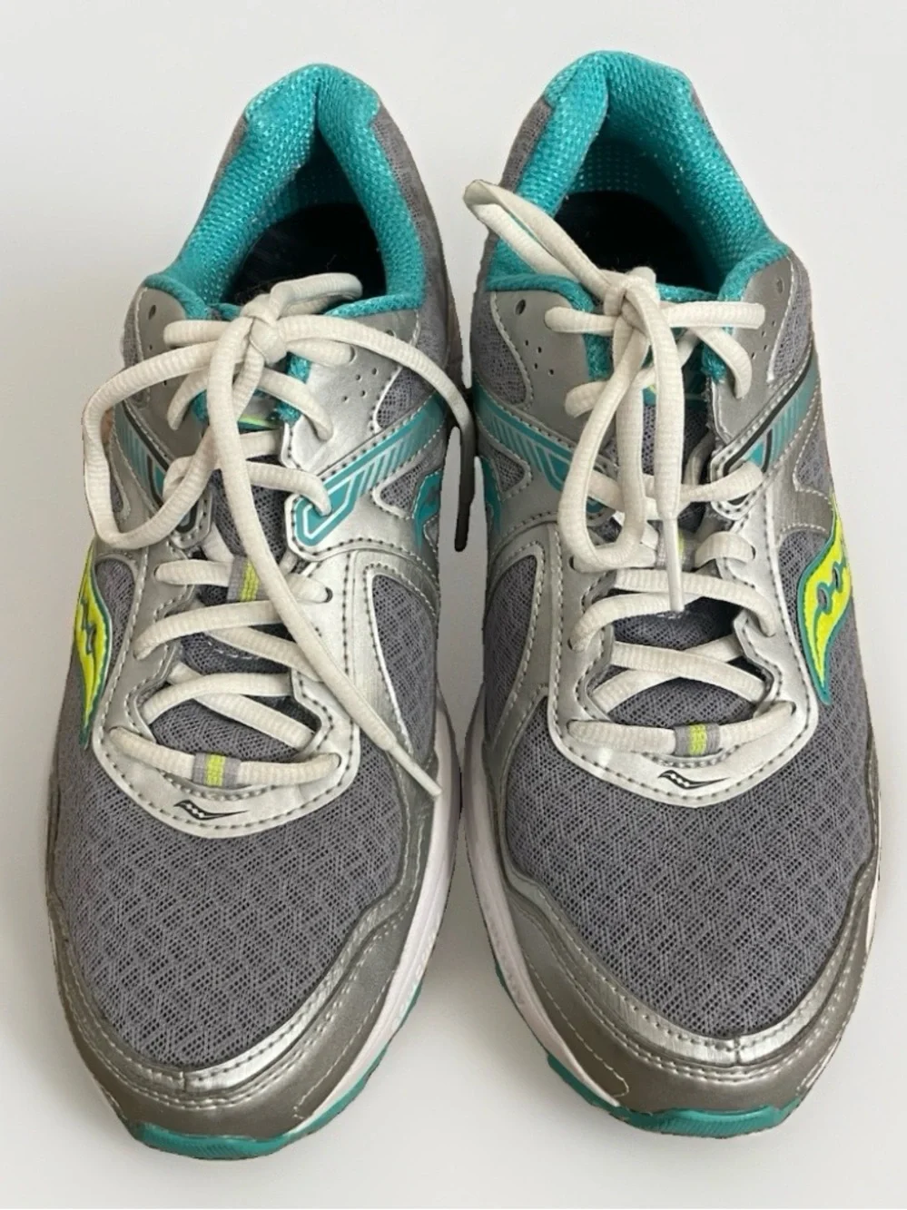 Saucony Cohesion 10 Gray Teal and Neon Yellow Athletic Sneakers,women, size W-10